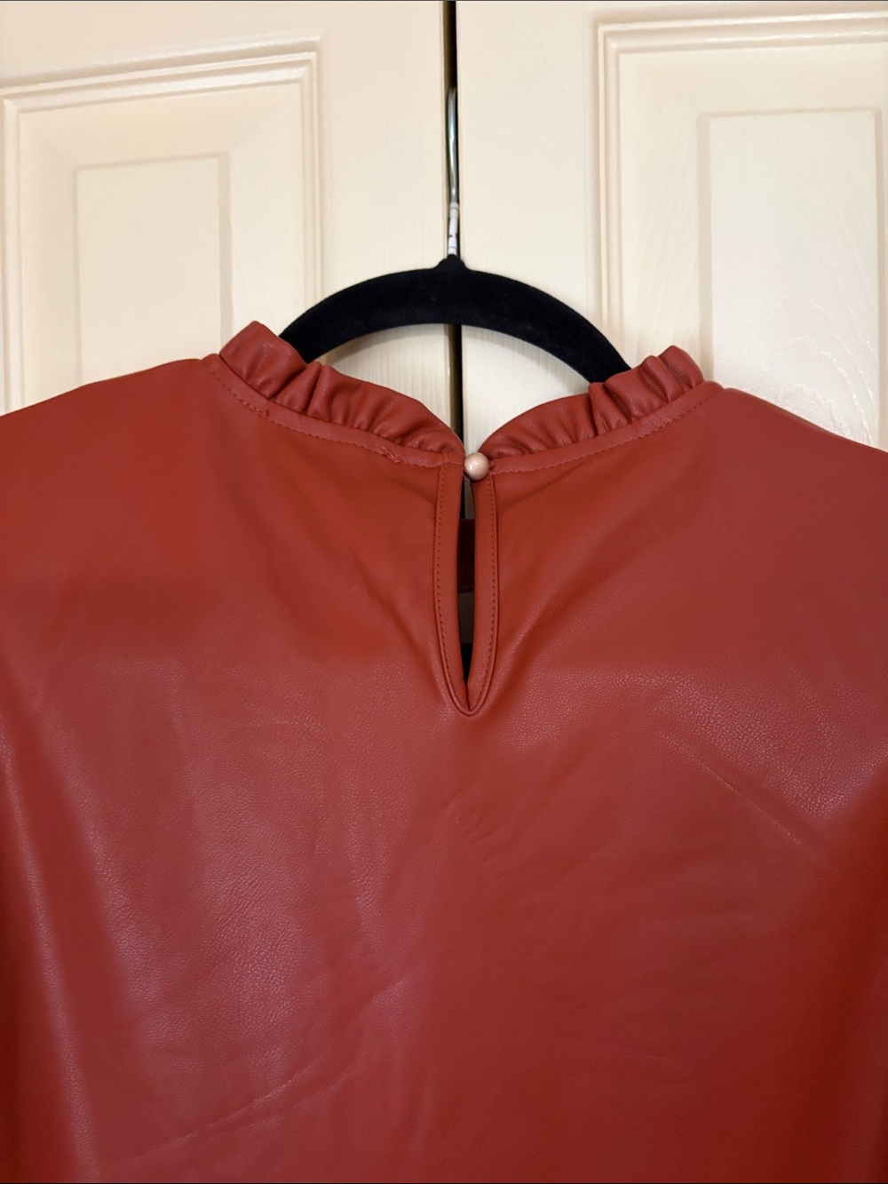 THML Rust Puff-Sleeve Faux Leather Top with Ruffled Neck - Picture 3 of 4